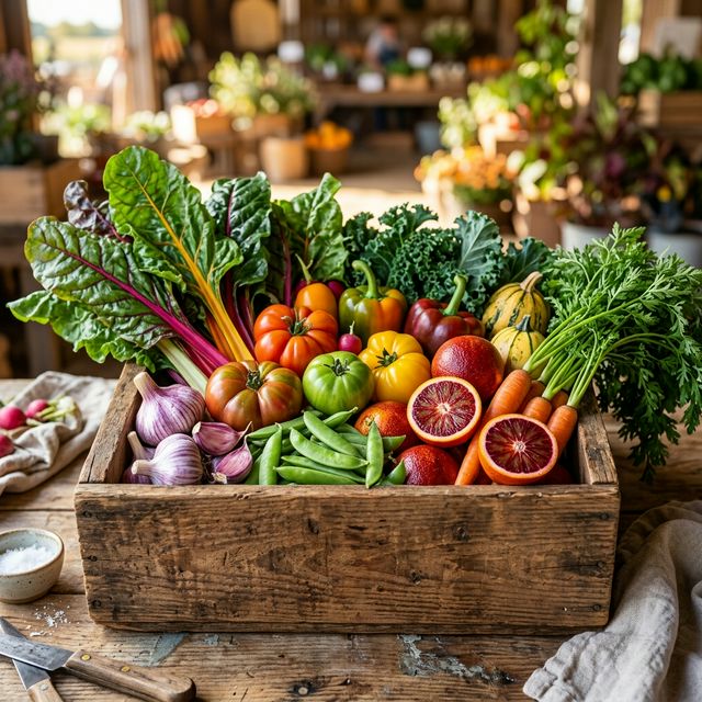 Vibrant crate of fresh organic vegetables